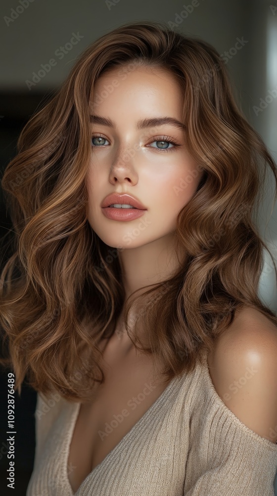 Fototapeta premium Portrait of a Woman with Wavy Brunette Hair