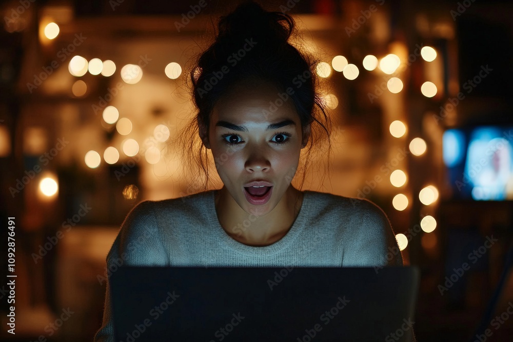 A surprised woman gazes at her laptop screen in a dim room adorned with warm string lights, capturing a moment of revelation and wonder. A surprised woman gazes at her laptop screen in a dim room adorned with warm string lights, capturing a moment of revelation and wonder.