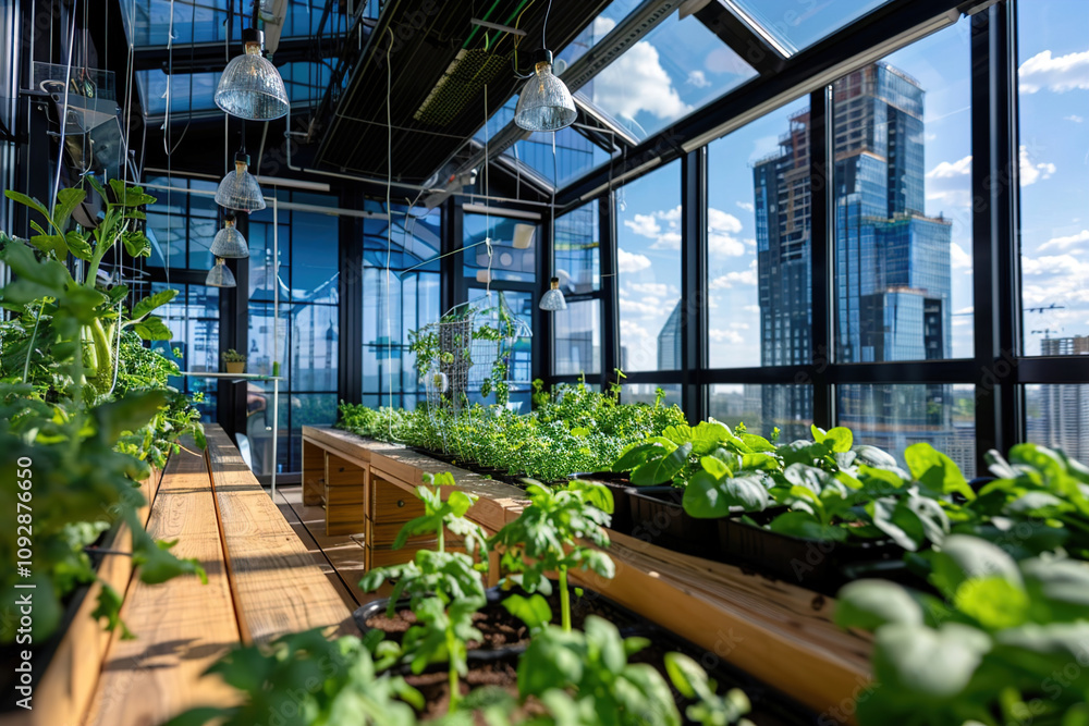 Urban growing vegetables in a greenhouse with a panoramic view of city skyscrapers Urban growing vegetables in a greenhouse with a panoramic view of city skyscrapers