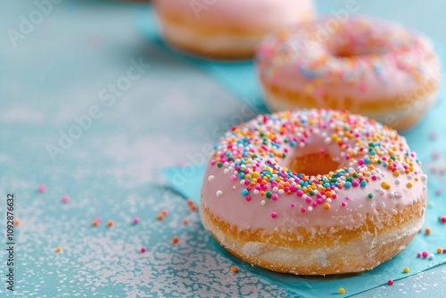 Delicious pink donuts with colorful sprinkles, on a teal background.