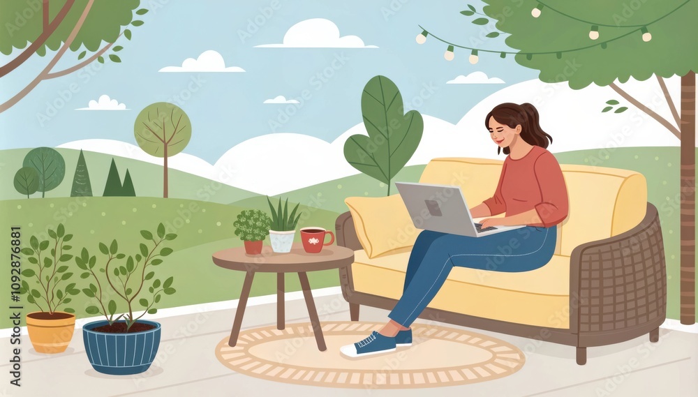 Fototapeta premium Freelance Girl Working on Laptop in Comfortable Patio During a Sunny Day. Generative AI
