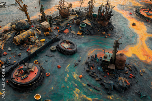 Miniature model showing the devastating effects of pollution, with toxic waste floating on the surface of a body of water photo