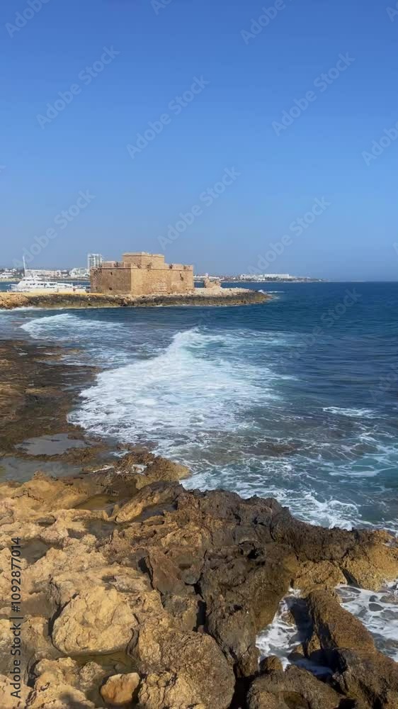 Rocky Mediterranean coastline in Paphos, Cyprus, with blue waves crashing into white foam. In the distance, the iconic Paphos Castle Rocky Mediterranean coastline in Paphos, Cyprus, with blue waves crashing into white foam. In the distance, the iconic Paphos Castle
