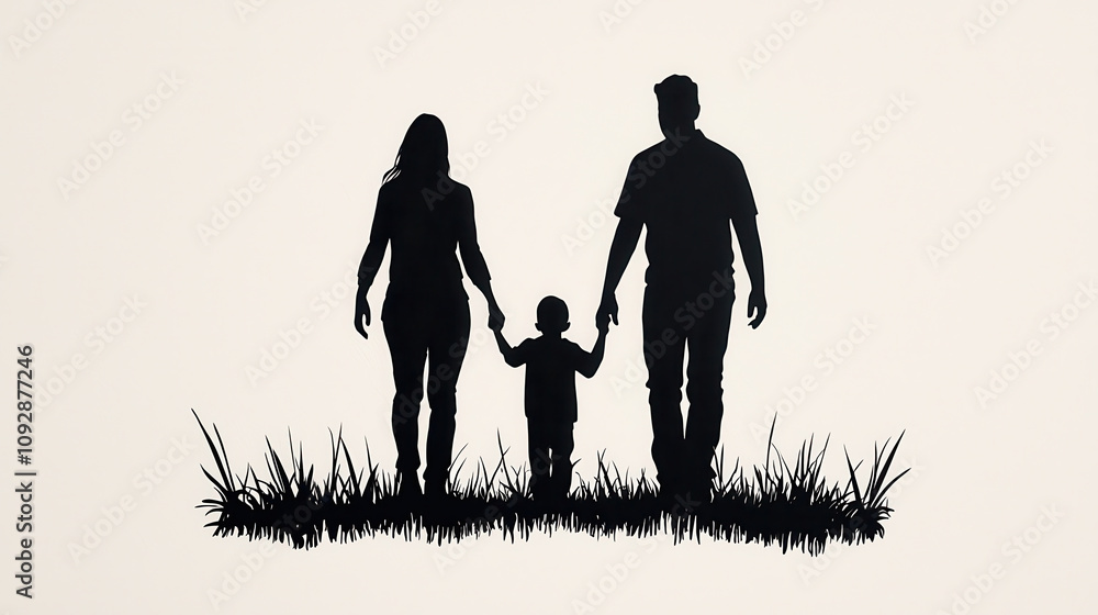 silhouette of family holding hands in grassy field, symbolizing love and unity