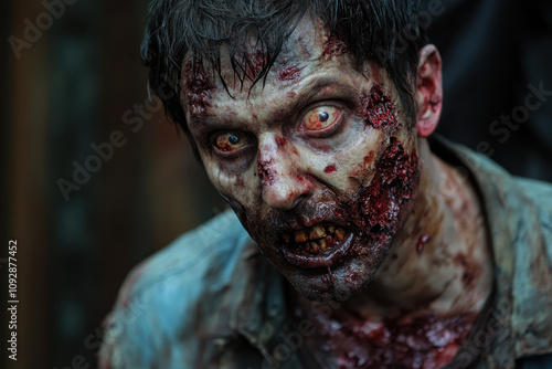 Male zombie with decayed skin and gruesome wounds, staring with menacing eyes. His hair is disheveled, adding to the horror of his ghastly appearance.