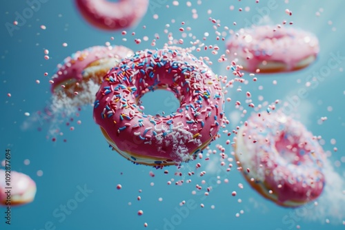 Pink donuts with sprinkles explode in midair, a burst of sugary goodness. photo