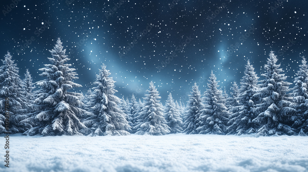 Landscape with pine forest, starry night sky, northern lights, banner copy space, Happy New Year and Merry Christmas Landscape with pine forest, starry night sky, northern lights, banner copy space, Happy New Year and Merry Christmas