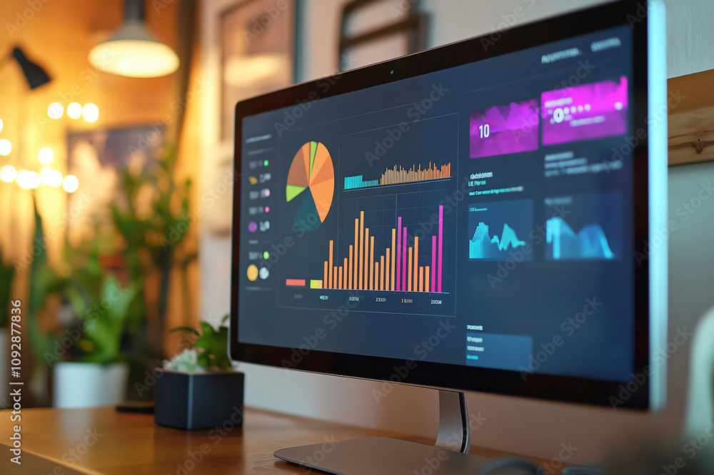 Modern desktop computer displaying various financial charts, graphs, and data visualizations on its screen in a cozy office environment Modern desktop computer displaying various financial charts, graphs, and data visualizations on its screen in a cozy office environment