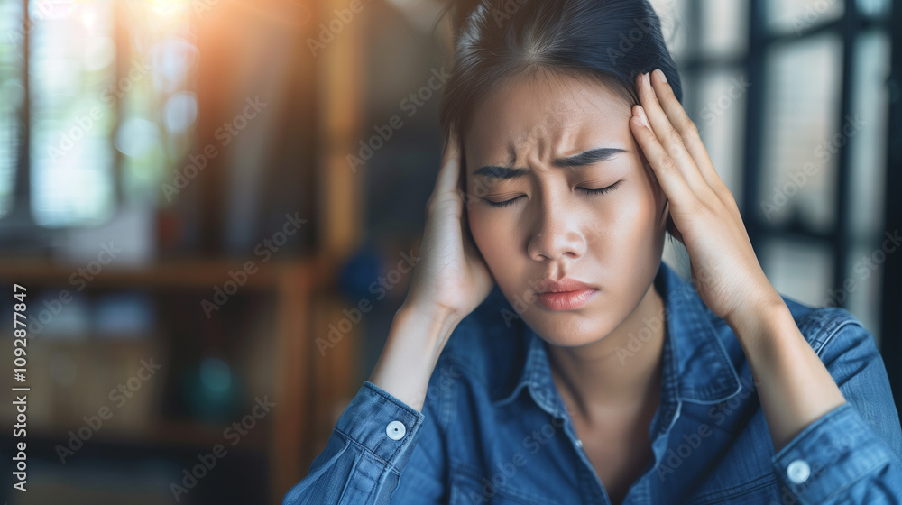 Person sitting in a dimly lit room, holding head with both hands, looking distressed. Symbolizing stress and mental strain due to a nerve disorder. Person sitting in a dimly lit room, holding head with both hands, looking distressed. Symbolizing stress and mental strain due to a nerve disorder.