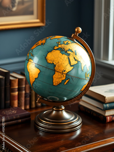 A vintage globe with golden continents, styled on a mahogany desk with books, Generative AI photo