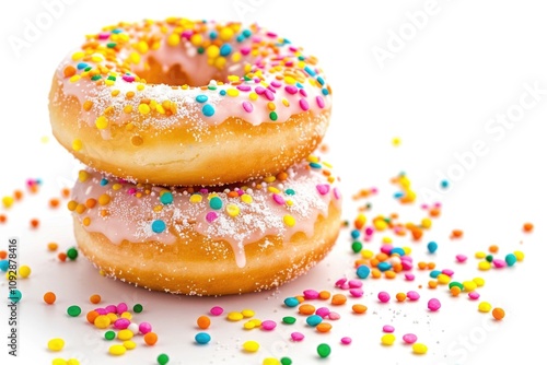 Two delicious donuts stacked high, covered in pink icing and colorful sprinkles.