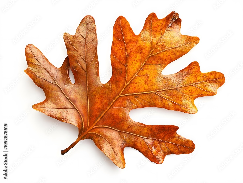 A single brown oak leaf on white background, concept of Autumn season A single brown oak leaf on white background, concept of Autumn season