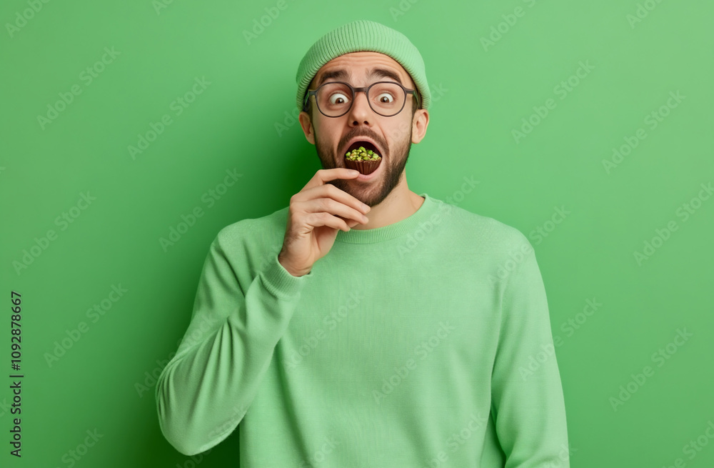 A young man dramatically pretending to savor a tiny piece of pistachio chocolate, making his friends burst into laughter at his exaggerated reaction A young man dramatically pretending to savor a tiny piece of pistachio chocolate, making his friends burst into laughter at his exaggerated reaction