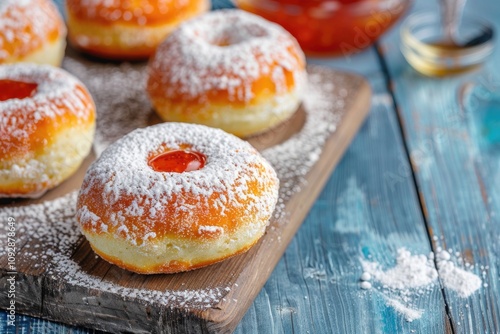 Delicious jellyfilled donuts, dusted with powdered sugar, on a rustic wooden board. photo