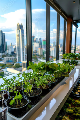 Wallpaper Mural Urban growing vegetables in a greenhouse with a panoramic view of city skyscrapers Torontodigital.ca