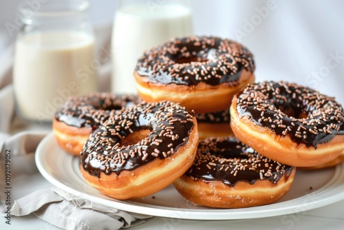 A stack of delicious chocolate donuts with sprinkles, perfect for a sweet treat.