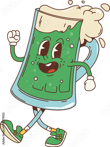 Cartoon retro green ale tankard groovy character for Saint Patrick Day holiday, vector personage. Funny green beer mug groovy character with funky face and foam splash for Irish St Patrick Day holiday
