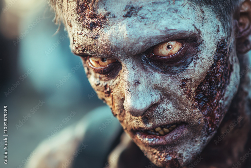 Close-up of a horrifying zombie with decaying skin and piercing eyes, capturing an intense and chilling atmosphere. Close-up of a horrifying zombie with decaying skin and piercing eyes, capturing an intense and chilling atmosphere.