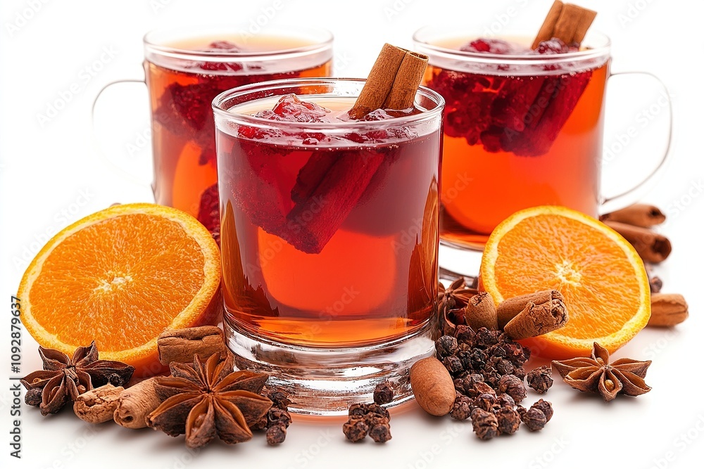 Glasses of Mulled Wine with Spices and Citrus. Glasses of Mulled Wine with Spices and Citrus.