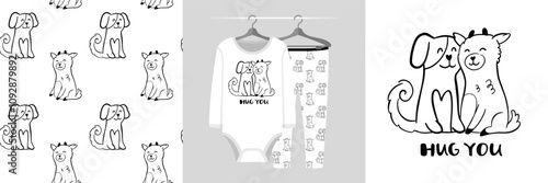 Seamless pattern and illustration for kid with dog and a little goat. Best friends bundle. Hug you text. Cute design pajamas. Baby background for fashion t-shirt print, birthday invitation card, wrapp