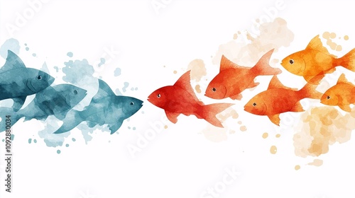 Vibrant and Colorful Watercolor Illustration of Shimmering Fish Swimming Together in a School, Capturing the Beauty and Harmony of Aquatic Life