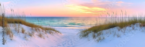 Tranquil Sandy Beach with Dunes and Sunset View. AI generated illustration