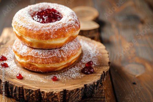 Two delicious jellyfilled donuts topped with powdered sugar, displayed on a rustic wooden surface. photo