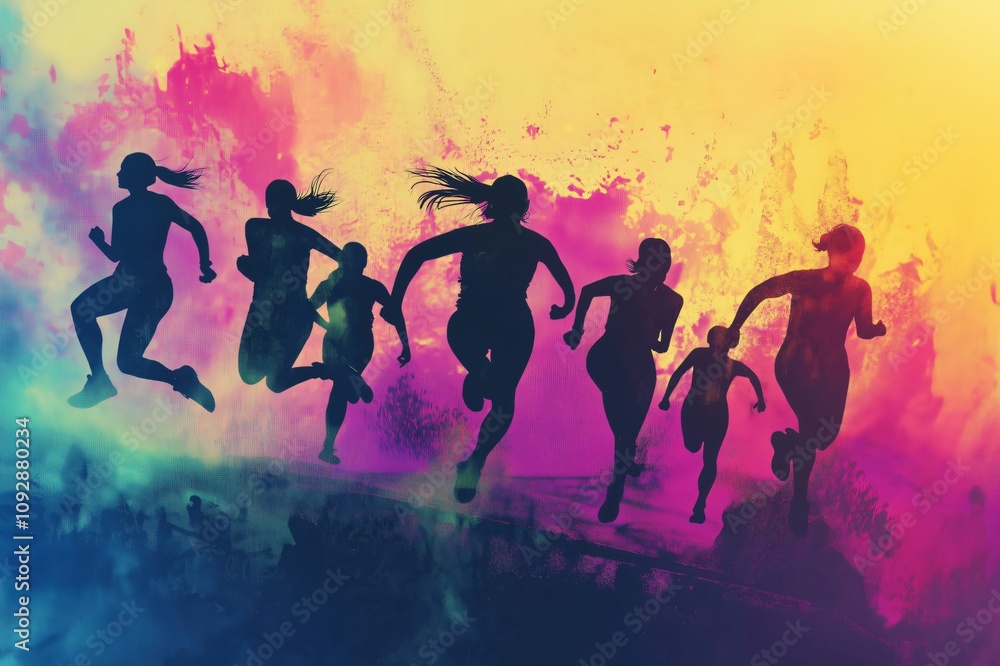 Silhouettes of women running in nature with a colorful sunset in the background Silhouettes of women running in nature with a colorful sunset in the background