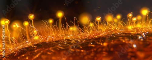 A close-up view of glowing, organic structures resembling mycelium or fungi.