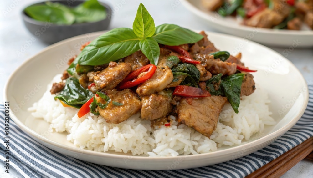 Flavorful Stir Fried Pork and Basil Served Over Rice With Colorful Peppers and Fresh Herbs. Generative AI Flavorful Stir Fried Pork and Basil Served Over Rice With Colorful Peppers and Fresh Herbs. Generative AI