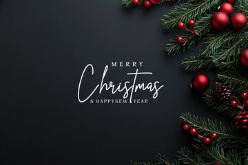 Christmas border with red baubles on dark background