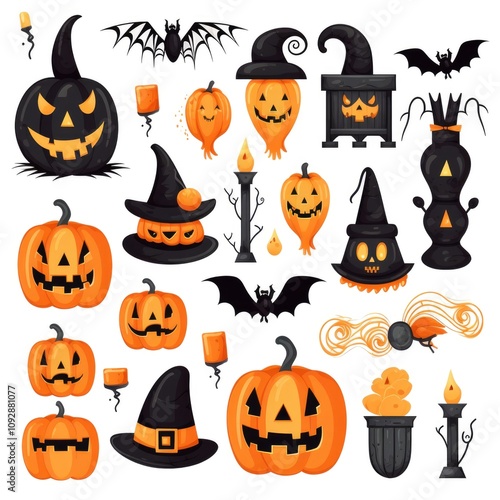 Halloween art inspired spooky pumpkins and bats with eerie witch hats