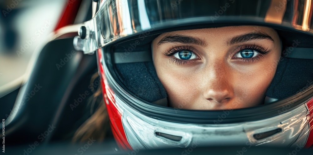 Focused race car driver in helmet with striking eyes, ready for action Focused race car driver in helmet with striking eyes, ready for action