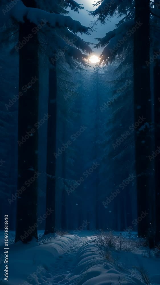 Mystical Snowy Forest at Night with Moonlight Breaking Through Trees - Seamless Loop Video
