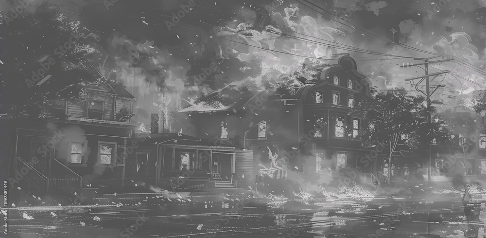 Fototapeta premium A dramatic scene depicting a city engulfed in flames and smoke, illustrating destruction and chaos.