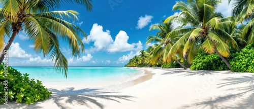 Fototapeta Naklejka Na Ścianę i Meble -  A panoramic view of a tropical beach lined with palm trees, pristine white sand, turquoise waters and lush greenery.