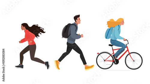 Active Male Friends Running Female Happy Outdoors Urban Street Fitness Exercise Lifestyle Concept