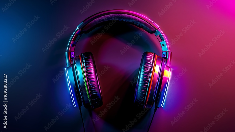 A vibrant pair of headphones illuminated with colorful lights, showcasing a modern design for music enjoyment. A vibrant pair of headphones illuminated with colorful lights, showcasing a modern design for music enjoyment.