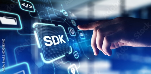 SDK Software Development Kit Enabling Application Development, projection on a virtual screen, Business and Technology Concept. photo