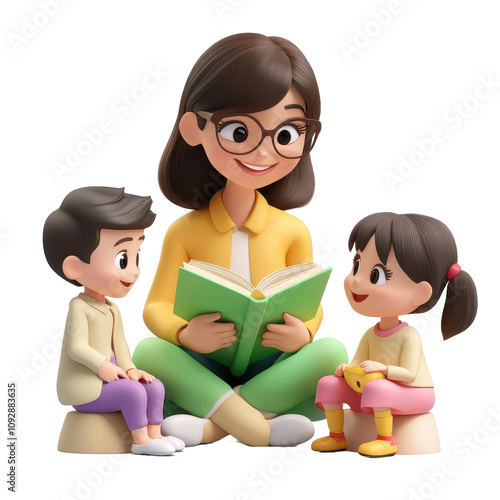 A cheerful teacher reads a book to two attentive young children sitting beside her.