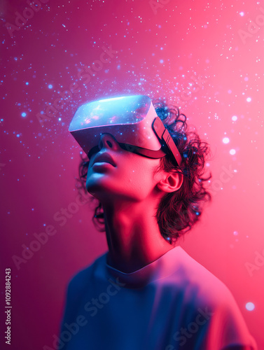 A digital composition of a person in cosmic-themed VR gear against a pink backdrop dotted with ethereal lights and sparks. photo