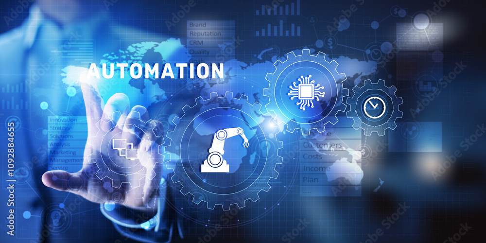 Automation Work flow business process optimisation smart industry modern manufacturing concept on virtual screen. Automation Work flow business process optimisation smart industry modern manufacturing concept on virtual screen.