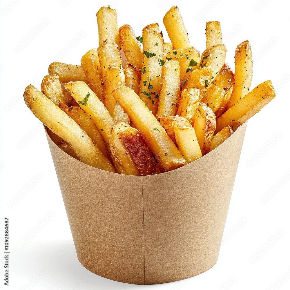 Seasoned French Fries in Brown Paper Cone. Seasoned French Fries in Brown Paper Cone.