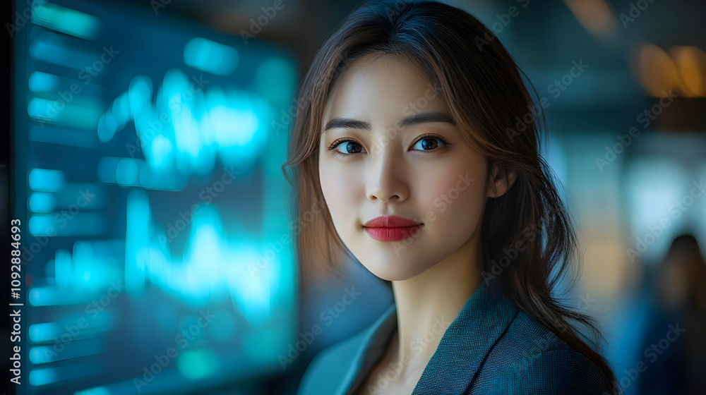 Obraz premium A beautiful Asian woman, Chinese analyzing the stock market, graphs and big screen data, looking ahead.
