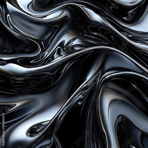 A fluid, glossy black surface with smooth, swirling patterns, creating a striking visual effect reminiscent of liquid or abstract art.