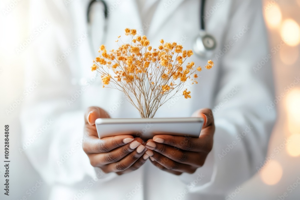 A healthcare professional in a white coat gently cradles a digital tablet displaying a vibrant floral arrangement, symbolizing health and growth in modern medicine. A healthcare professional in a white coat gently cradles a digital tablet displaying a vibrant floral arrangement, symbolizing health and growth in modern medicine.