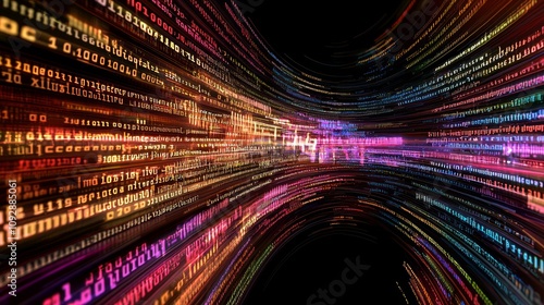 Digital Artwork of Dynamic Data Streams Transforming into Text, Language Generation Power in Vibrant Colors on Dark Background, High-Tech Aesthetics of Large Language Models (LLM)