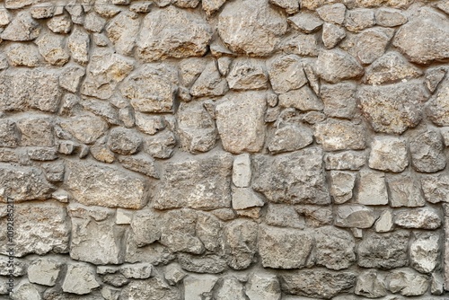 Old coarse pattern panoramic stone wall made of various square natural stones and blocks in beige, ocher and brown