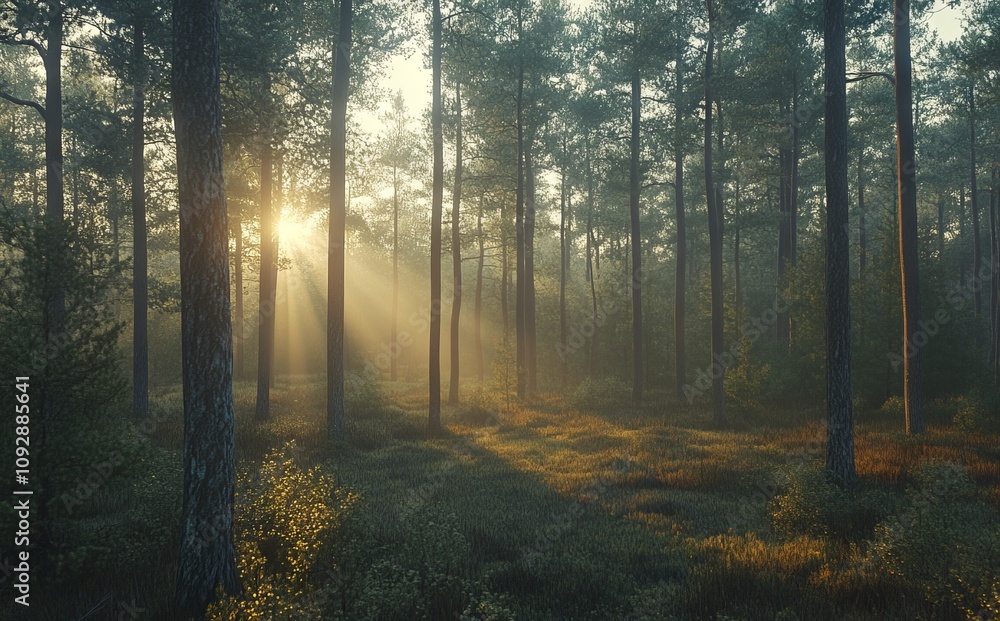 Obraz premium Spring Forest Landscape with Tall Pine Trees at Sunrise, AI generated illustration