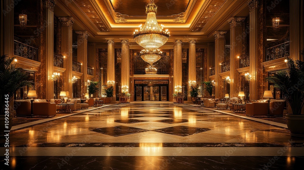 Obraz premium Elegant and Luxurious Hotel Lobby with Grand Chandelier, Opulent Decor, and Warm Ambient Lighting Ideal for Travel and Hospitality Themes